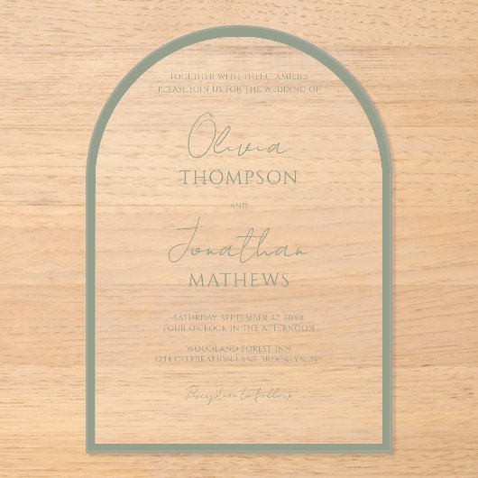 Eenvoudige Sage Green Border Script Wedding Arch Acryl Uitnodigingen (Voorkant)