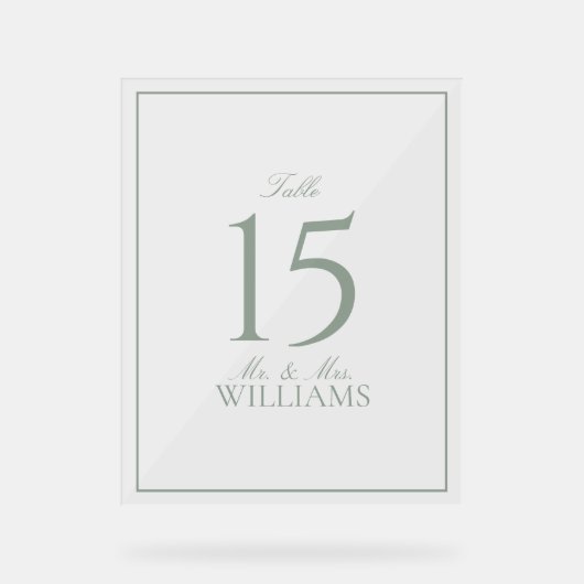 Eenvoudige Sage Green Elegant Trouwtafel Nummer Acryl Bord (Voorkant)