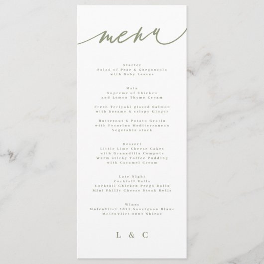 Eenvoudige Sage Green en White Modern Calligraphy Menu (Voorkant)