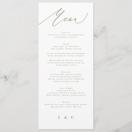 Eenvoudige Sage Green en White Modern Calligraphy Menu (Voorkant)