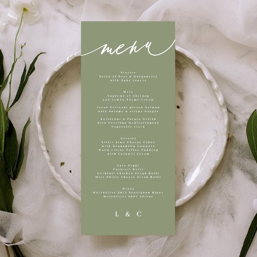 Eenvoudige Sage Green en White Modern Calligraphy Menu