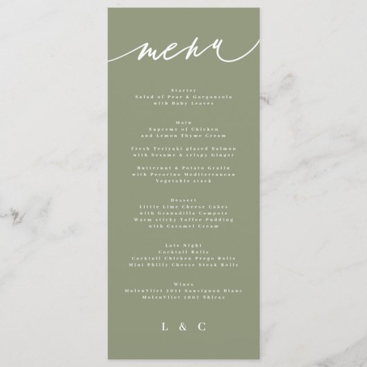 Eenvoudige Sage Green en White Modern Calligraphy Menu (Voorkant)
