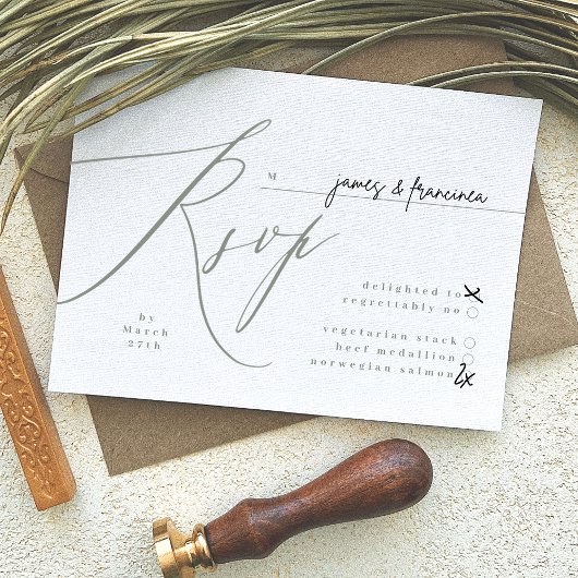Eenvoudige Sage Green en White Modern Calligraphy RSVP Kaartje