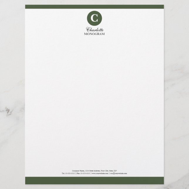 Eenvoudige Sage Green en White Monogram Letterhead Persoonlijk Briefhoofd (Voorkant)
