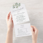 Eenvoudige Sage Green Eucalyptus Calligraphy Weddi All In One Uitnodiging (Afscheurbaar)