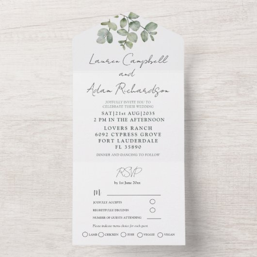 Eenvoudige Sage Green Eucalyptus Calligraphy Weddi All In One Uitnodiging (Binnen)