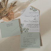 Eenvoudige Sage Green Eucalyptus Calligraphy Weddi All In One Uitnodiging