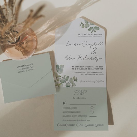 Eenvoudige Sage Green Eucalyptus Calligraphy Weddi All In One Uitnodiging