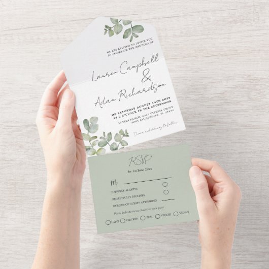 Eenvoudige Sage Green Eucalyptus Calligraphy Weddi All In One Uitnodiging (Afscheurbaar)