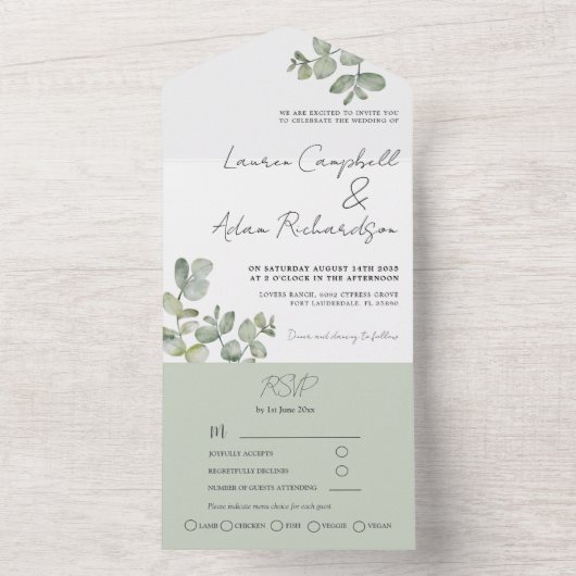 Eenvoudige Sage Green Eucalyptus Calligraphy Weddi All In One Uitnodiging (Binnen)