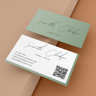 Eenvoudige Sage Green Handgeschreven Script QR cod Visitekaartje