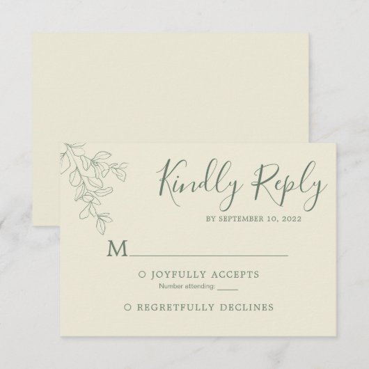 Eenvoudige Sage Green Ivory White Botanical Weddin RSVP Kaartje (Voorkant / Achterkant)