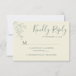 Eenvoudige Sage Green Ivory White Botanical Weddin RSVP Kaartje