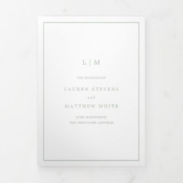 Eenvoudige Sage Green Monogram Elegant Wedding Drieluik Uitnodiging