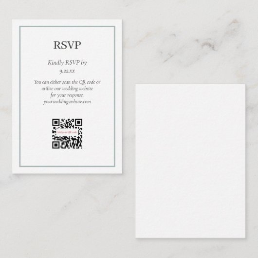 Eenvoudige Sage Green RSVP QR Code Option Informatiekaartje (Voorkant / Achterkant)