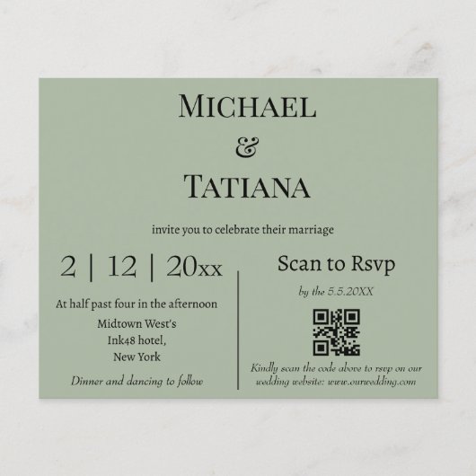 Eenvoudige Sage Green RSVP QR Code Uitnodiging voo (Voorkant)