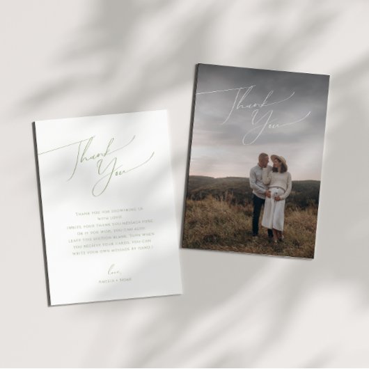 Eenvoudige Sage Green Verticale Foto Baby shower D Bedankkaart