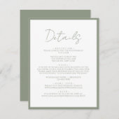 Eenvoudige Sage Green White Script Wedding Details Informatiekaartje (Voorkant / Achterkant)