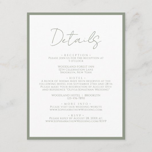 Eenvoudige Sage Green White Script Wedding Details Informatiekaartje (Voorkant)
