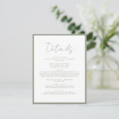 Eenvoudige Sage Green White Script Wedding Details Informatiekaartje (Staand voorkant)