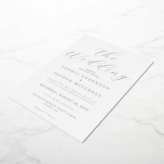 Eenvoudige Sage Groen en Wit bruiloft esthetiek Folie Uitnodiging (Gedraaid)