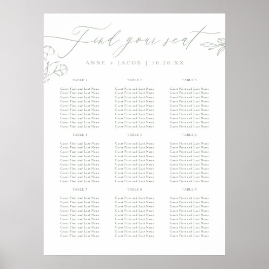 Eenvoudige Sage Groen Groen Bruiloft Zitkaarten Poster (Voorkant)