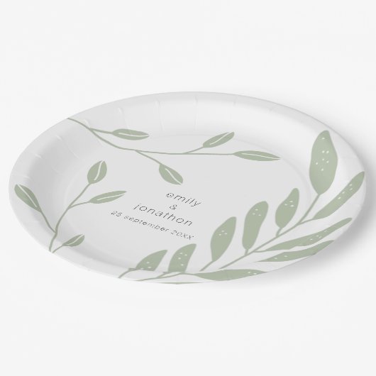 Eenvoudige Sage Groene bladeren Namen Datum Bruilo Papieren Bordje (Gekanteld)