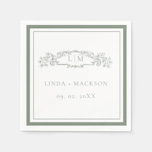 Eenvoudige Sage Groene botanische kam monogram bru Servet (Voorkant)