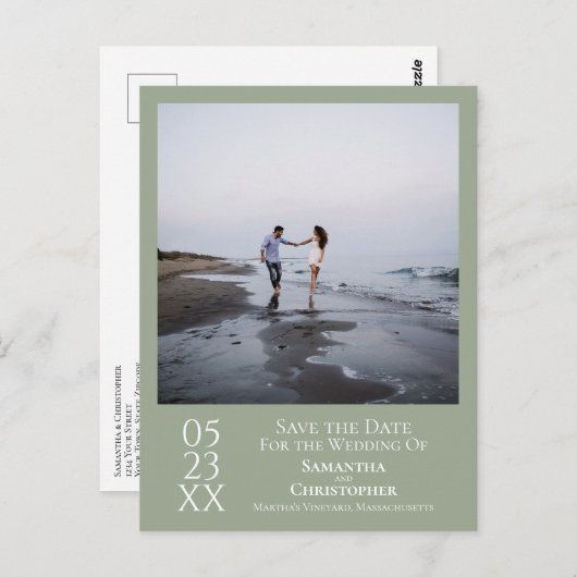 Eenvoudige Sage Groene Bruiloft Bewaar de Datum Fo Briefkaart (Voorkant / Achterkant)