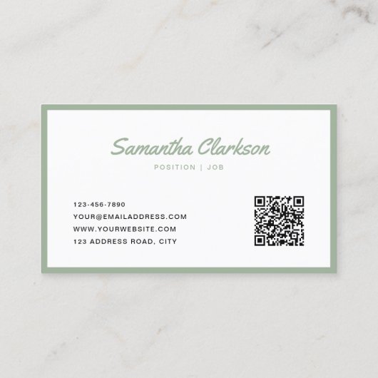 Eenvoudige Sage Groene Cursieve Script Border QR C Visitekaartje (Achterkant)