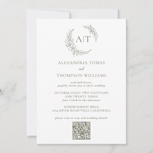 Eenvoudige Sage Groene Foto QR Code RSVP Bruiloft Kaart (Voorkant)