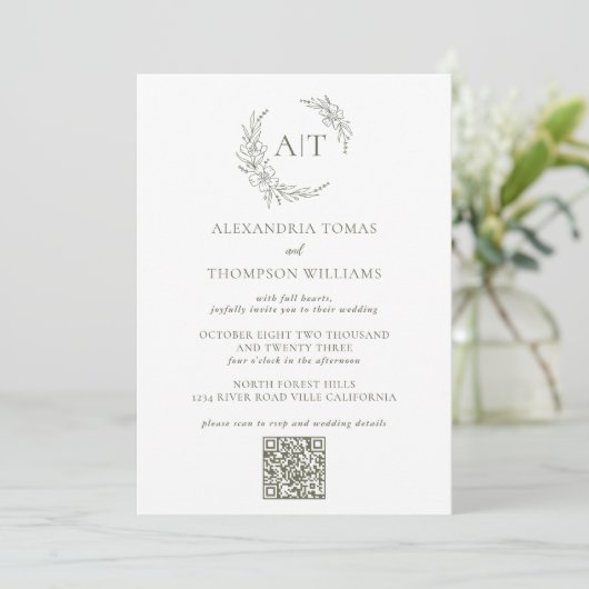 Eenvoudige Sage Groene Foto QR Code RSVP Bruiloft Kaart (Staand voorkant)