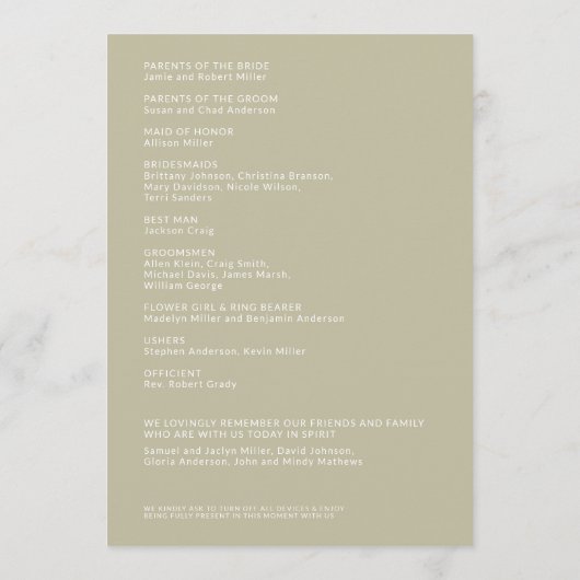 Eenvoudige Sage Groene Geïsoleerde Namen Huwelijks Programmakaart (Achterkant)