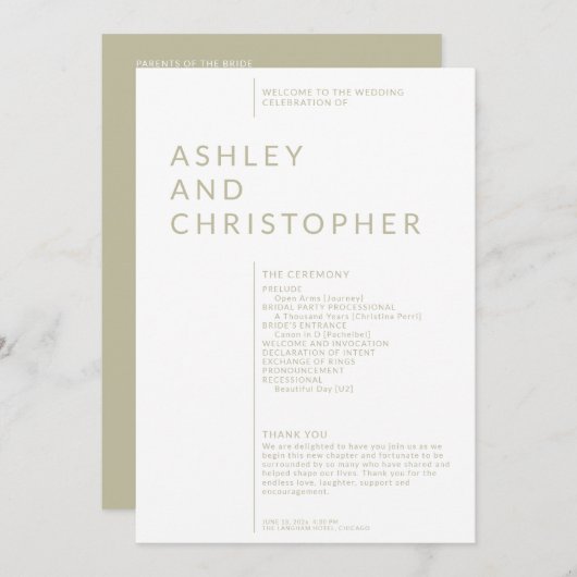 Eenvoudige Sage Groene Geïsoleerde Namen Huwelijks Programmakaart (Voorkant / Achterkant)