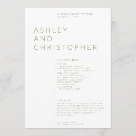 Eenvoudige Sage Groene Geïsoleerde Namen Huwelijks Programmakaart (Voorkant)