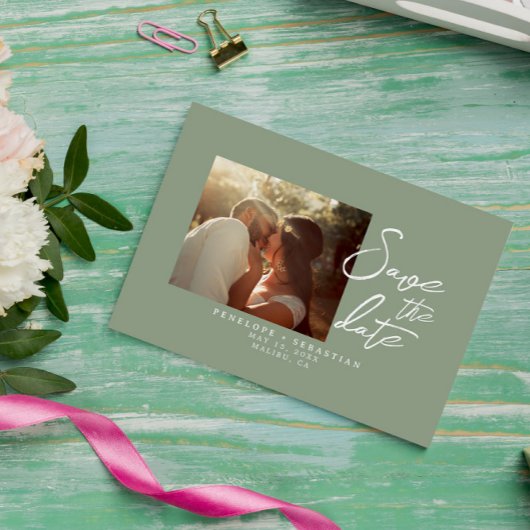 Eenvoudige Sage Groene Kalligrafie Boho Foto Bruil Save The Date