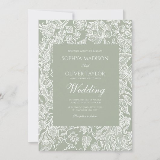 Eenvoudige Sage Groene lijn Kunst Wildflower bruil Kaart (Voorkant)