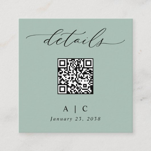 Eenvoudige Sage Groene QR Code Bruiloft Details Informatiekaartje (Voorkant)