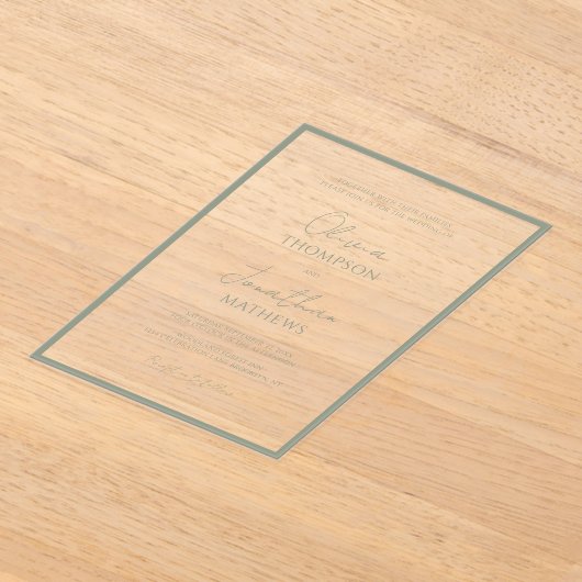 Eenvoudige Sage Groene Rand Script Bruiloft Acryl Uitnodigingen (Laagn)