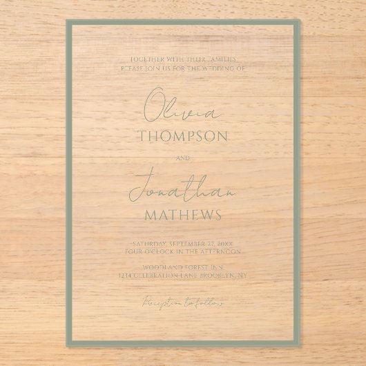 Eenvoudige Sage Groene Rand Script Bruiloft Acryl Uitnodigingen (Voorkant)