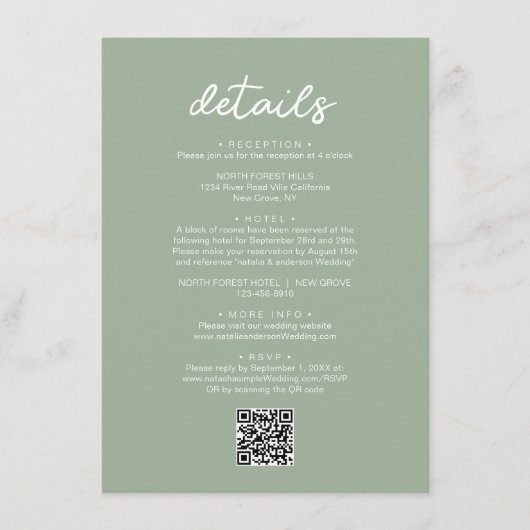 Eenvoudige Sage Groene Script QR Code Bruiloft Det Informatiekaartje (Voorkant)