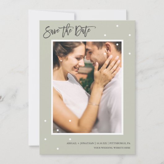 Eenvoudige Sage Two-foto met Stippen Sla de datum Save The Date (Voorkant)