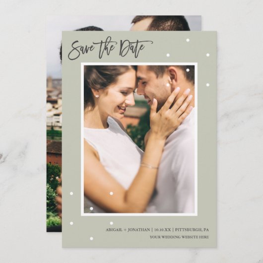 Eenvoudige Sage Two-foto met Stippen Sla de datum  Save The Date (Voorkant / Achterkant)