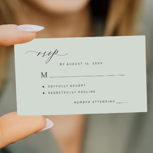 Eenvoudige salie groene bruiloft RSVP Informatiekaartje