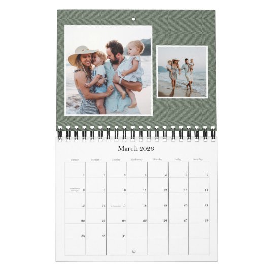 Eenvoudige salie groene visgraat klassieke familie kalender (Mar 2026)