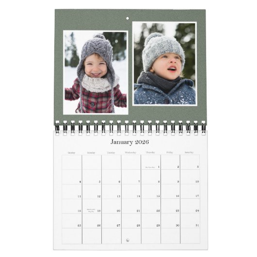 Eenvoudige salie groene visgraat klassieke familie kalender (Jan 2026)