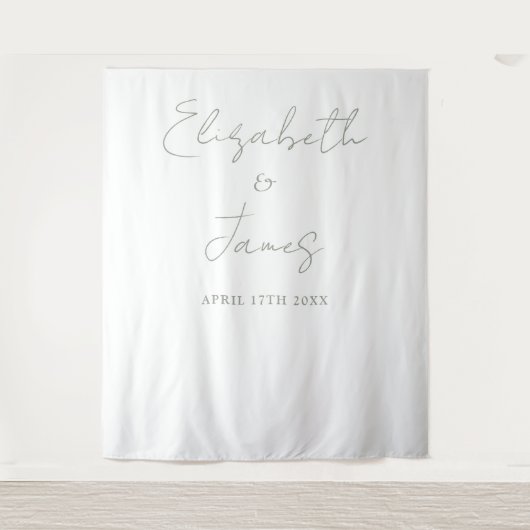 Eenvoudige Saliegroen Script Trouwfoto Achtergrond Wandkleed (Voorkant)