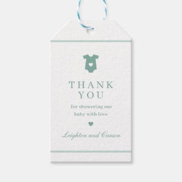 Eenvoudige saliegroene babyshower dank je favoriet cadeaulabel