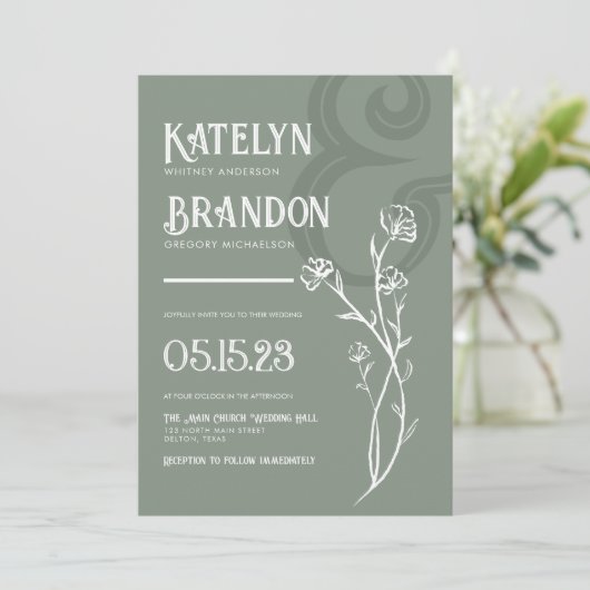 Eenvoudige saliegroene bloemige bladwijze trouwkaa kaart (Staand voorkant)
