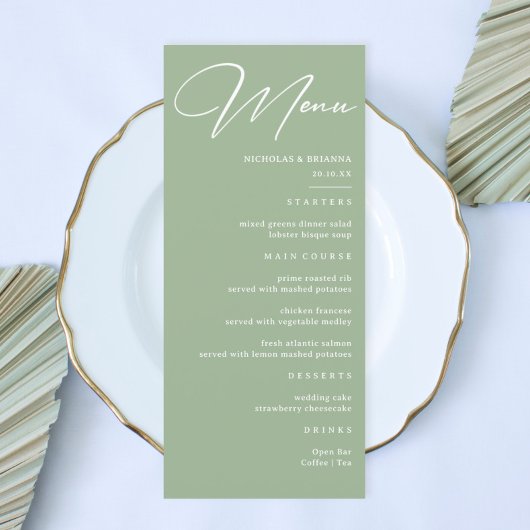 Eenvoudige Saliegroene Bruiloft Menu